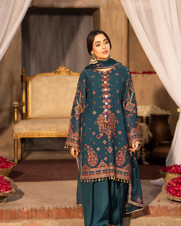 Emerald Georgette Embroidered Farshi Shalwar Suit