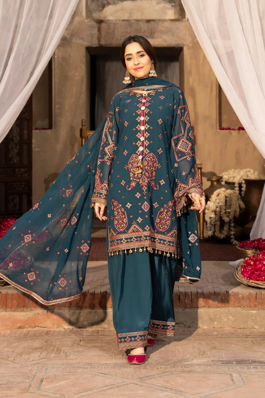 Emerald Georgette Embroidered Farshi Shalwar Suit