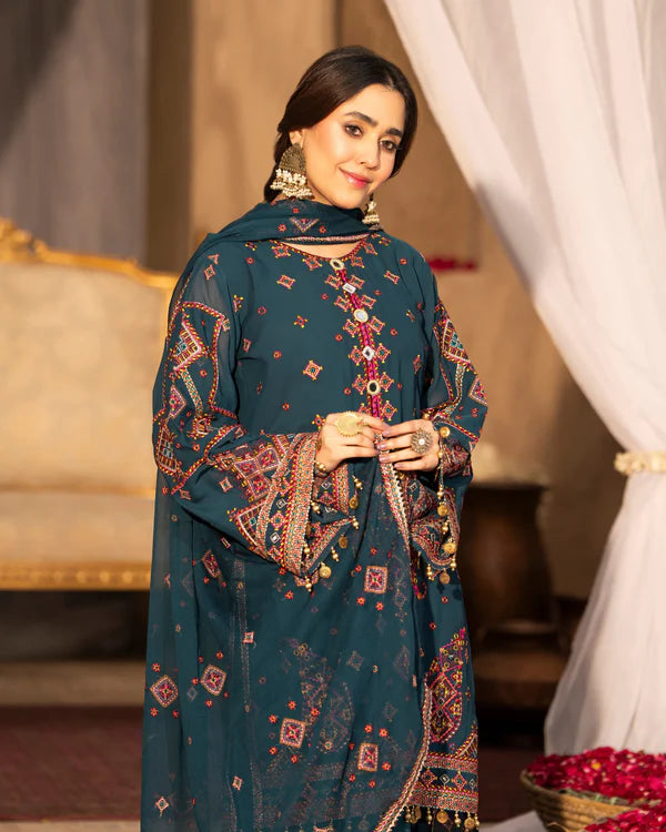 Emerald Georgette Embroidered Farshi Shalwar Suit