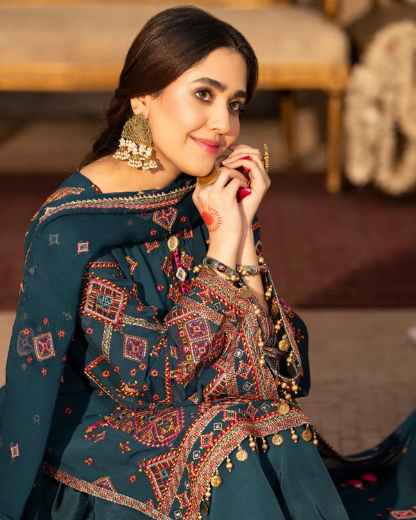 Emerald Georgette Embroidered Farshi Shalwar Suit