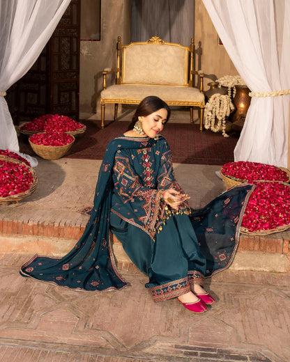 Emerald Georgette Embroidered Farshi Shalwar Suit