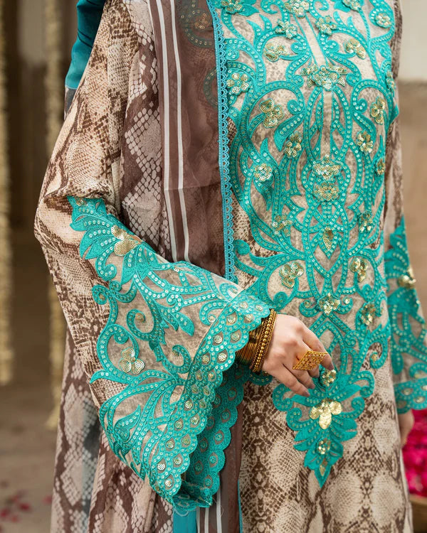Turquoise Printed Georgette Long Suit with Sequins & 3D Work