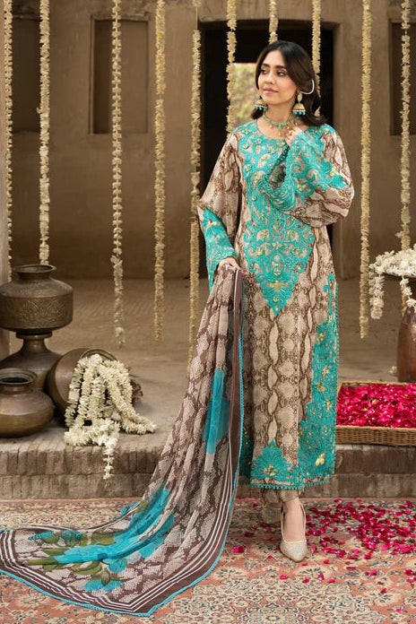 Turquoise Printed Georgette Long Suit with Sequins & 3D Work