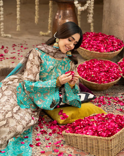 Turquoise Printed Georgette Long Suit with Sequins & 3D Work