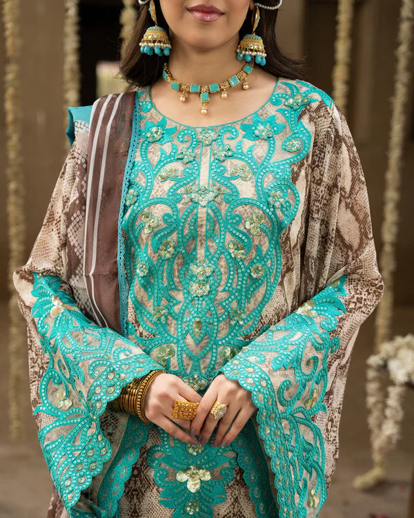 Turquoise Printed Georgette Long Suit with Sequins & 3D Work