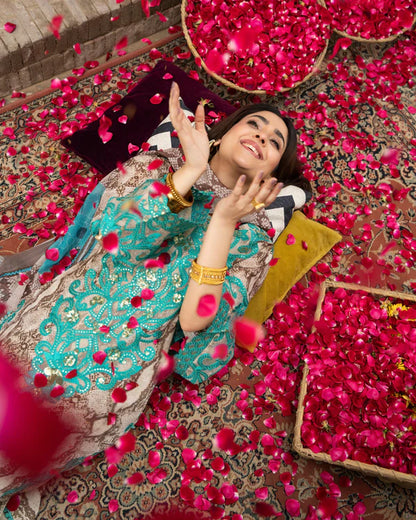 Turquoise Printed Georgette Long Suit with Sequins & 3D Work