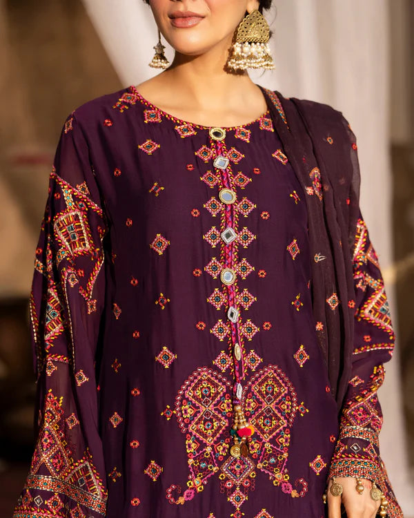 Plum Georgette Embroidered Farshi Shalwar Suit