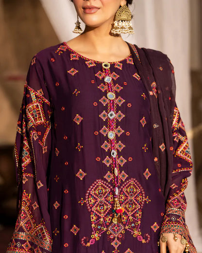 Plum Georgette Embroidered Farshi Shalwar Suit