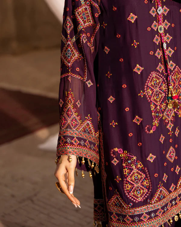 Plum Georgette Embroidered Farshi Shalwar Suit