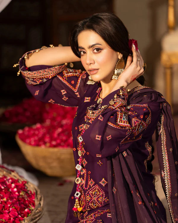 Plum Georgette Embroidered Farshi Shalwar Suit