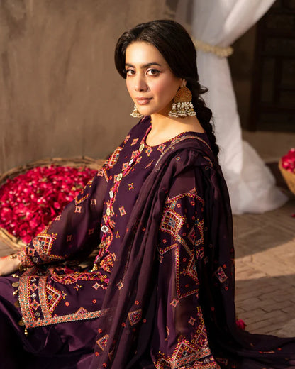 Plum Georgette Embroidered Farshi Shalwar Suit