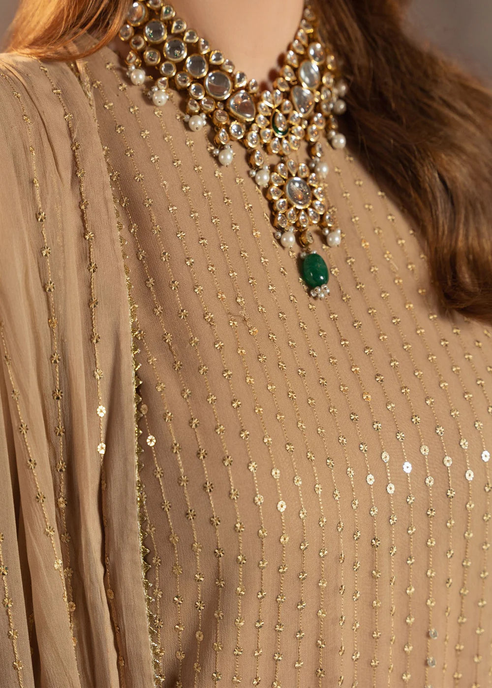 Gold Chiffon Sequins Embroidered Suit