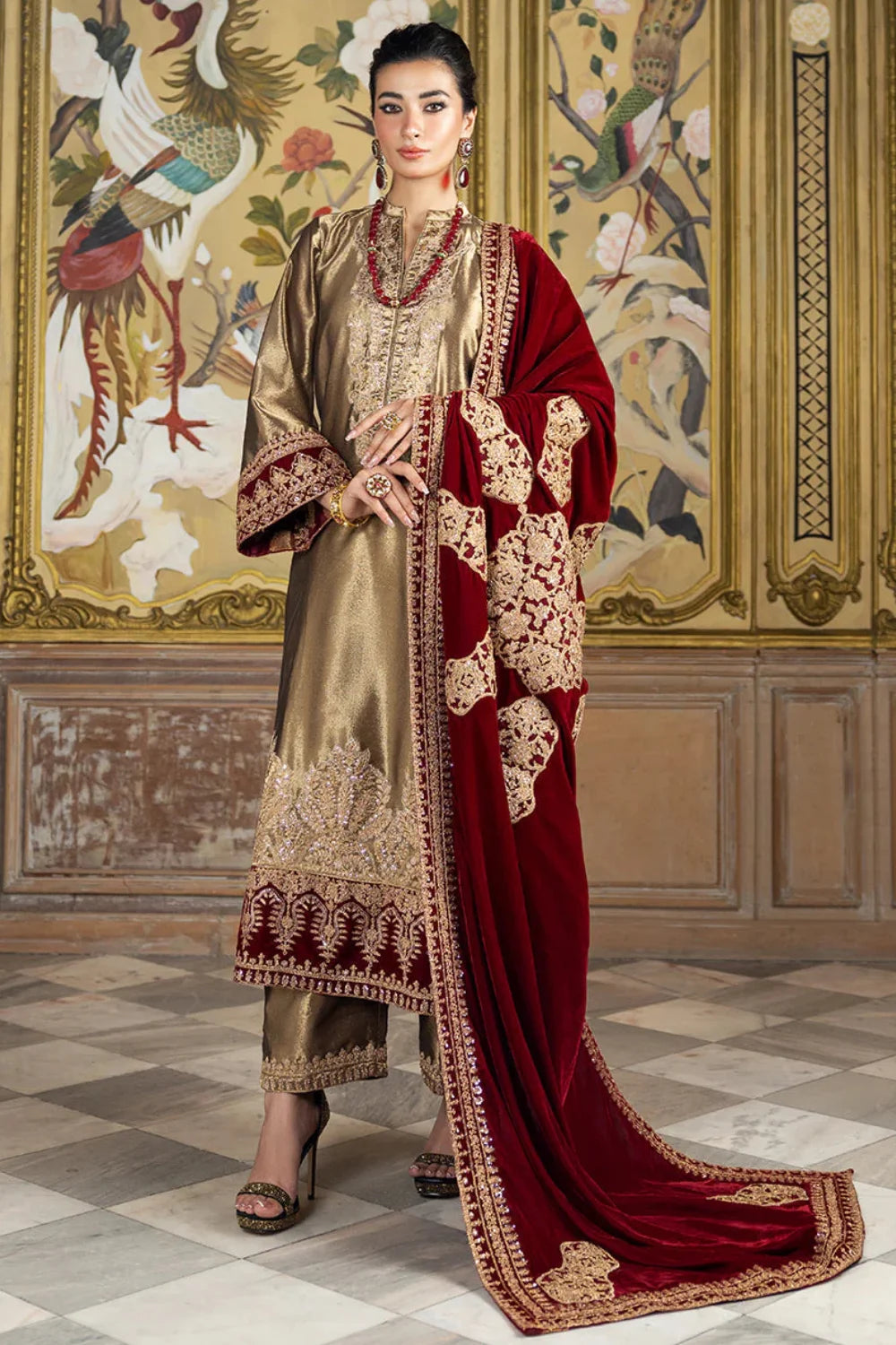 Gold Sequins Embroidered Maysuri Suit with Heavy Velvet Embroidered Dupatta