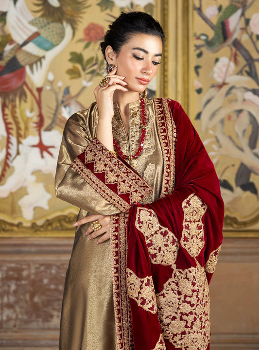 Gold Sequins Embroidered Maysuri Suit with Heavy Velvet Embroidered Dupatta