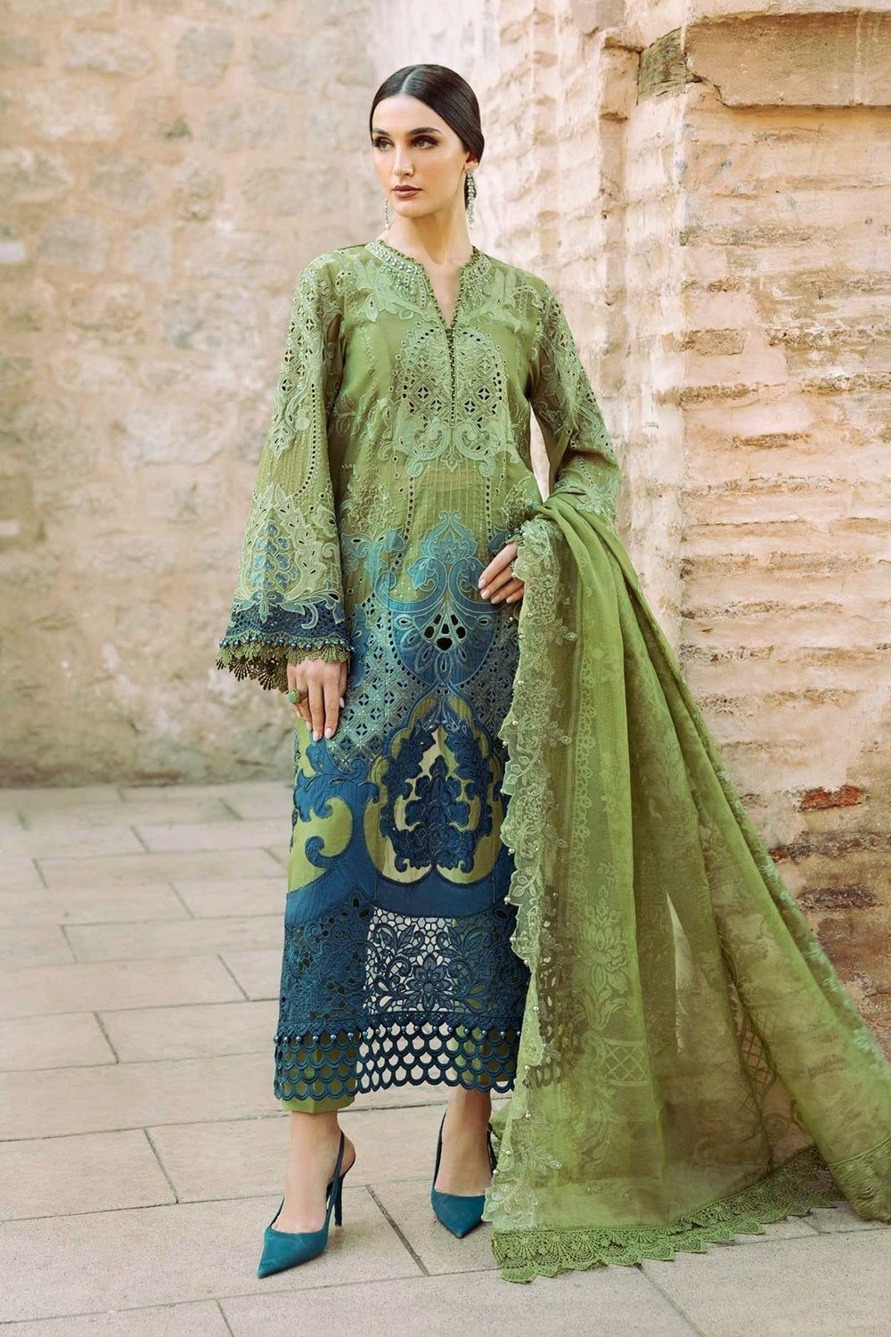 Green Embroidered Chikankari Lawn Front Online in Dubai UAE Abudhabi Ajman Sharjah
