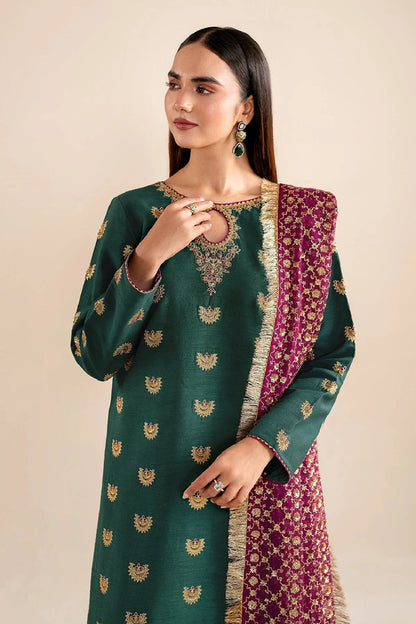 Green Embroidered Lawn Suit with Contrasting Dupatta