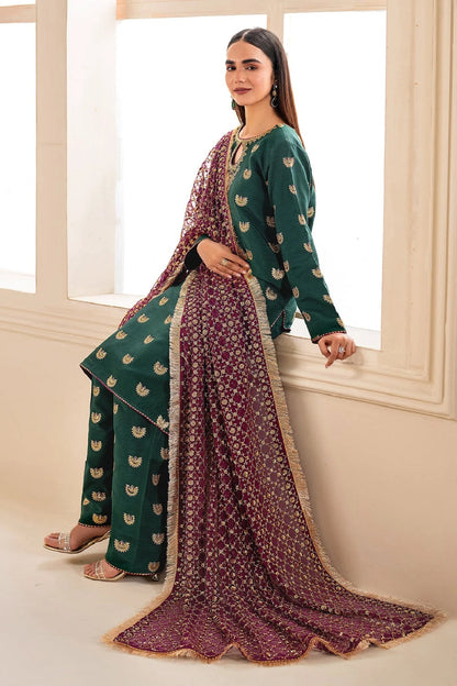 Green Embroidered Lawn Suit with Contrasting Dupatta