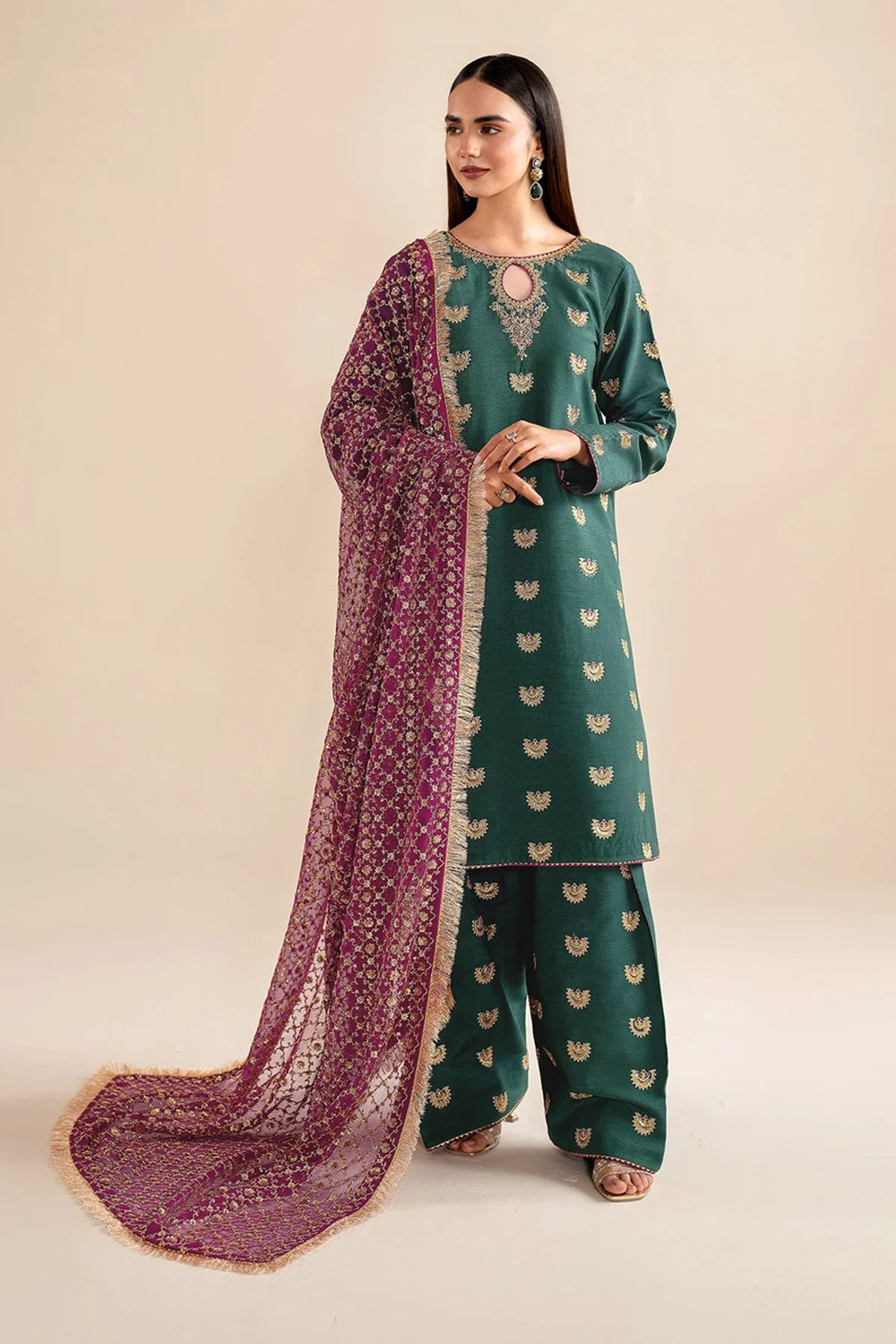 Green Embroidered Lawn Suit with Contrasting Dupatta