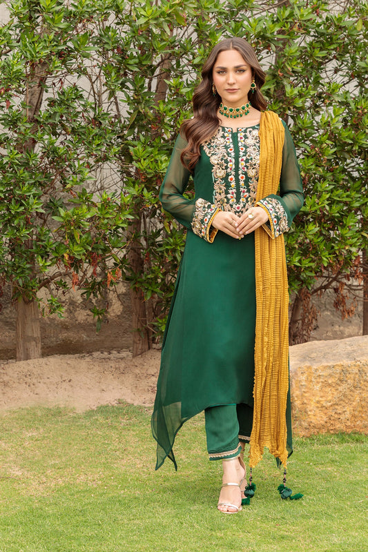 Green Hand Embroidered Pure Chiffon Suit