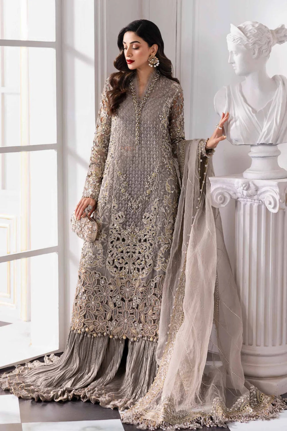 Grey Handmade Chiffon Suit with Crushed Sharara