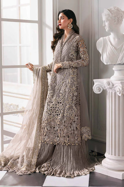 Grey Handmade Chiffon Suit with Crushed Sharara