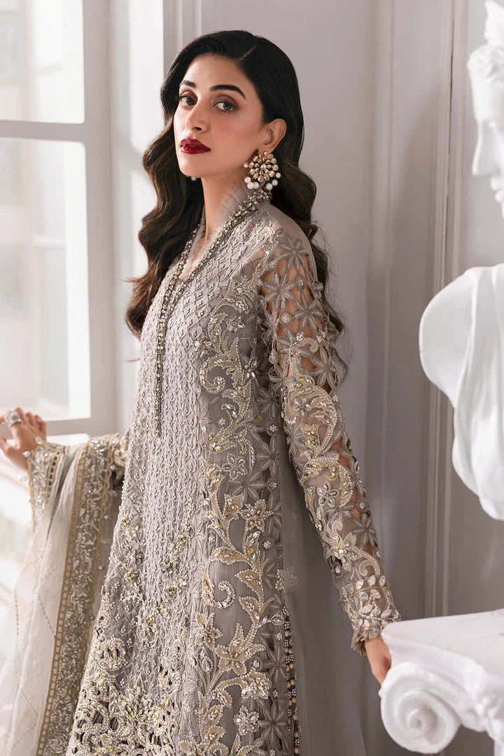 Grey Handmade Chiffon Suit with Crushed Sharara