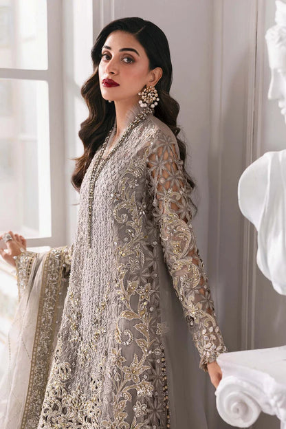 Grey Handmade Chiffon Suit with Crushed Sharara