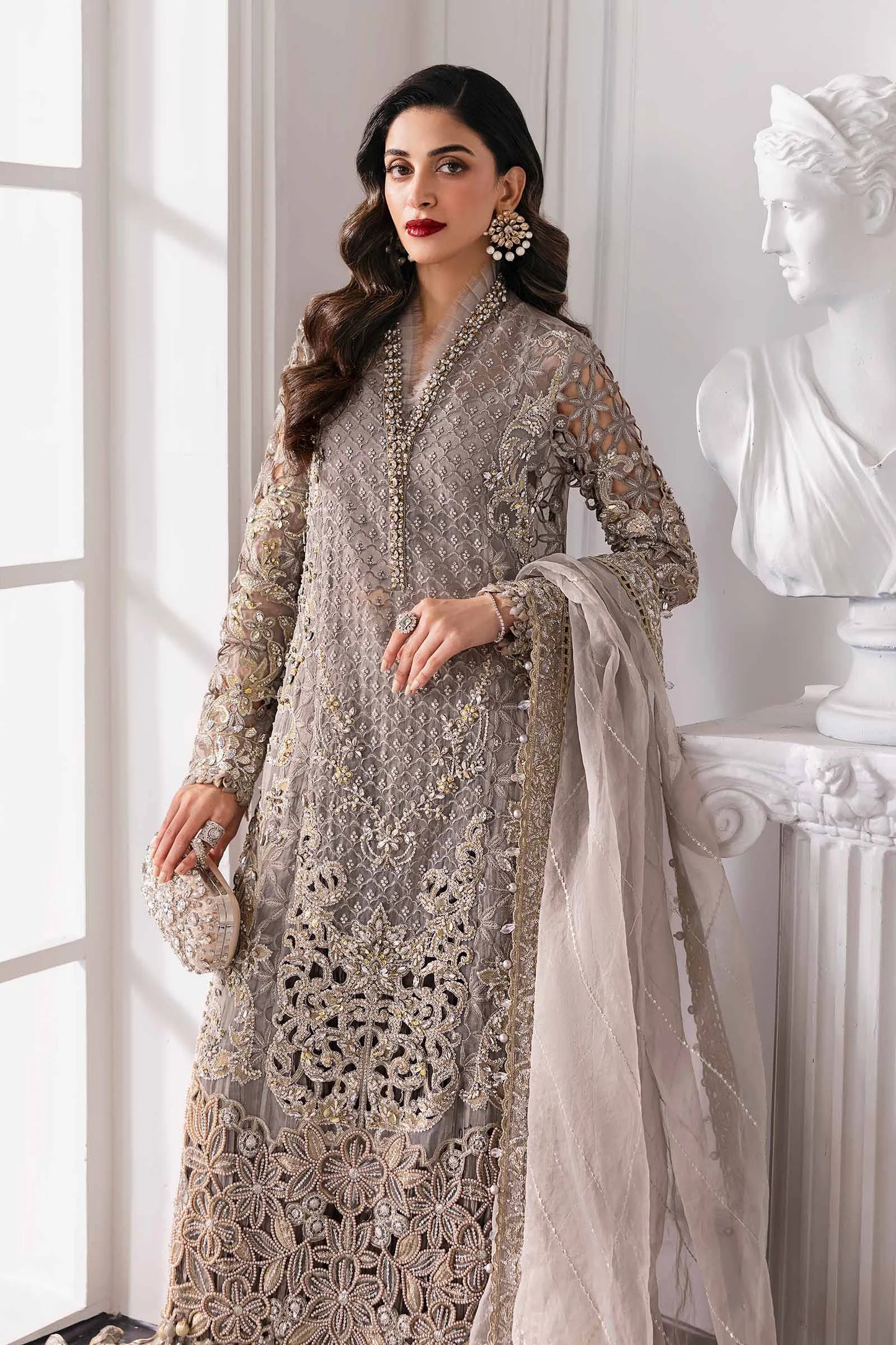 Grey Handmade Chiffon Suit with Crushed Sharara