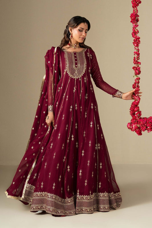 Maroon Embroidered Chiffon Pishwas