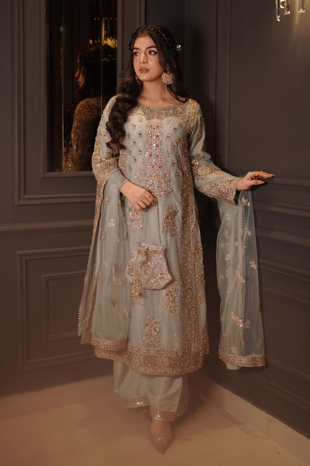 Ice Blue Embroidered Chiffon Suit