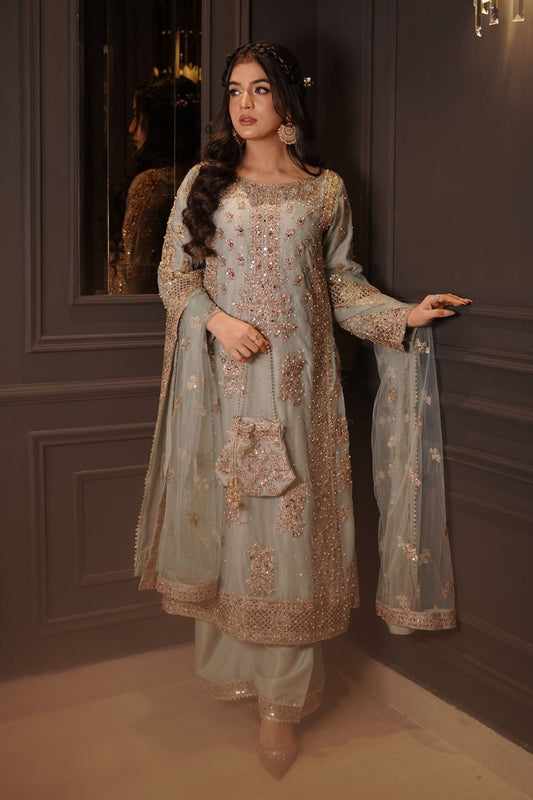 Ice Blue Embroidered Chiffon Suit