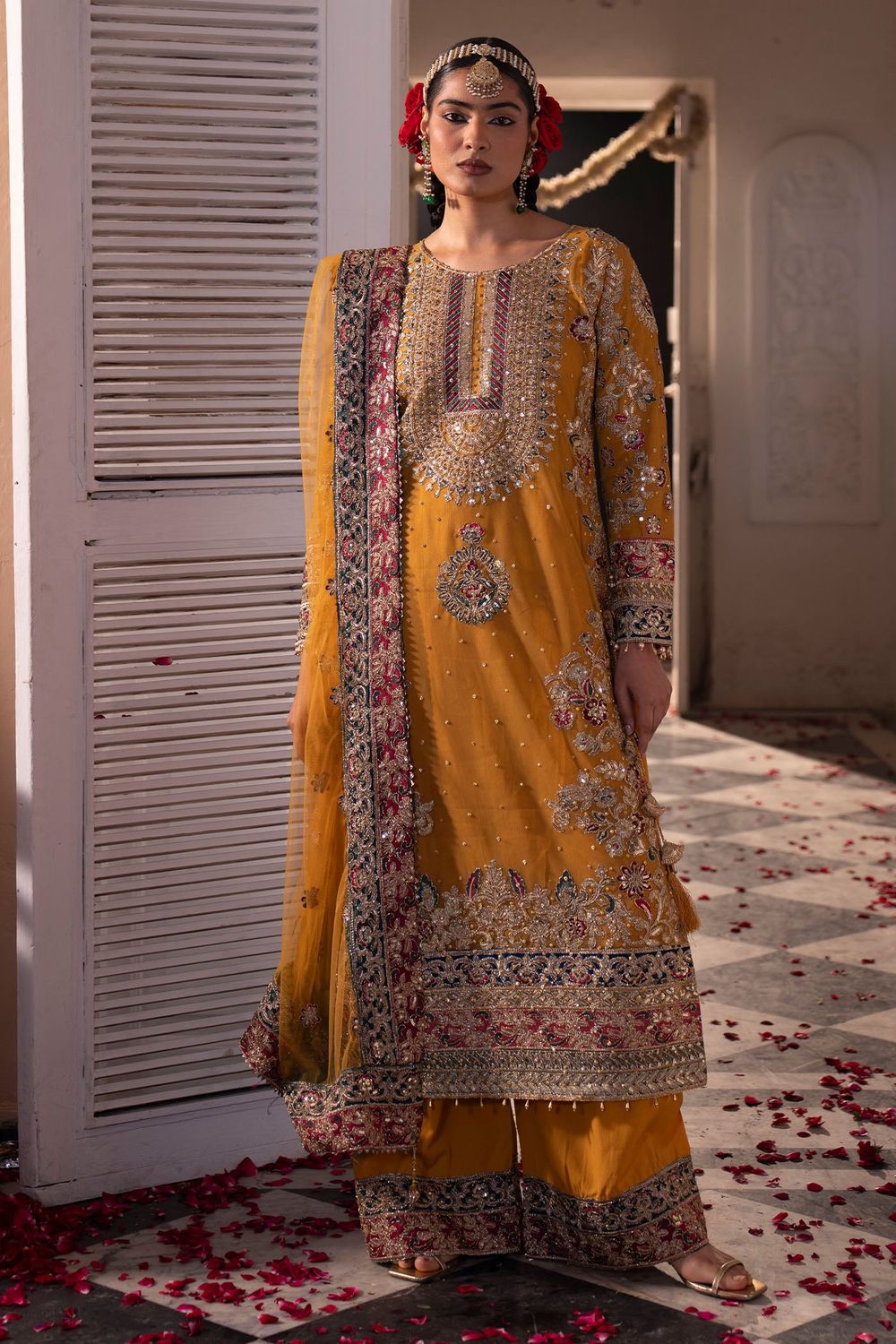 Orange Net Festive Party Wear Suit