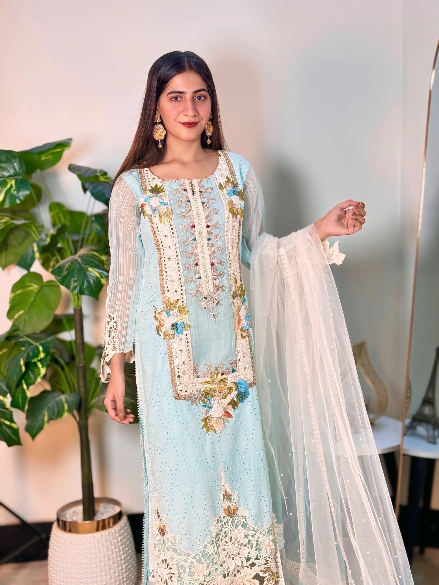 3D & Crochet Hand Embroidered Cotton Chikankari Suit