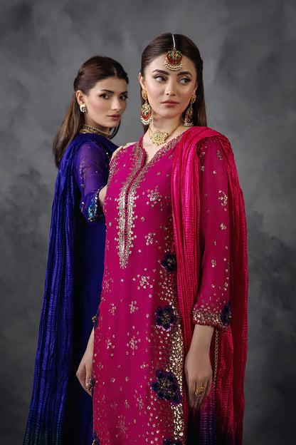 Hand Embroidered Magenta Crinkle Chiffon Designer Suit