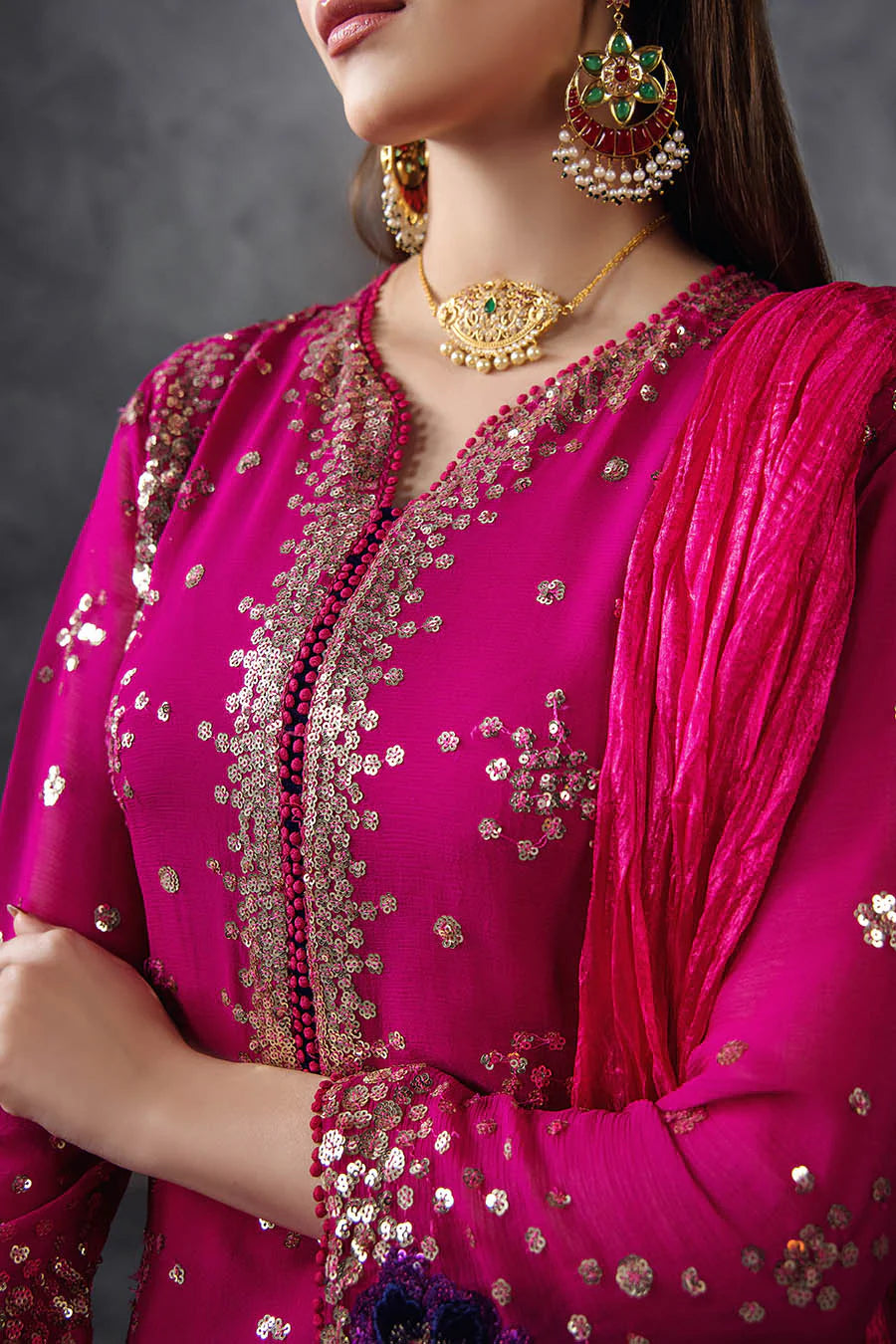 Hand Embroidered Magenta Crinkle Chiffon Designer Suit