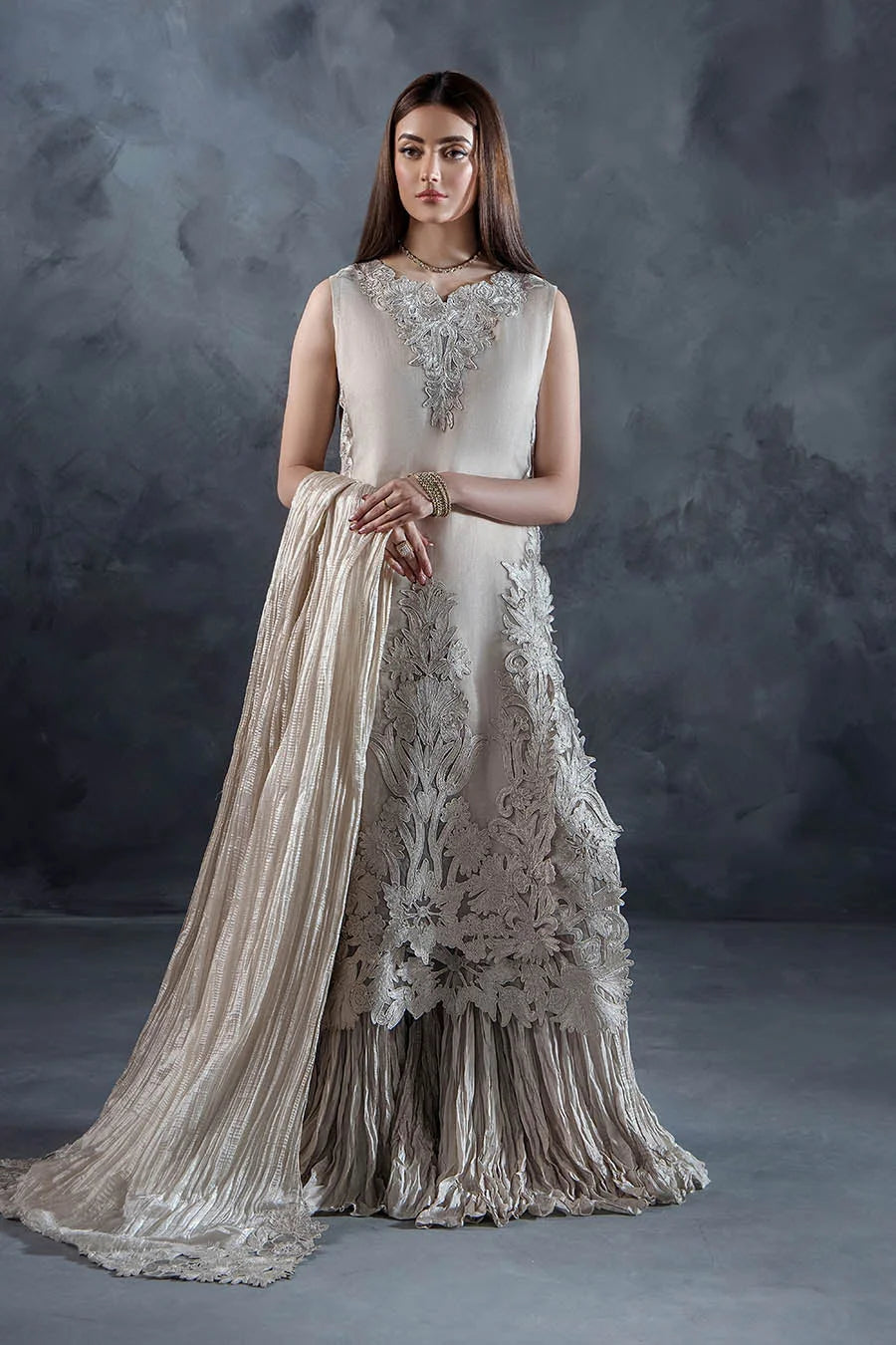 Hand Embroidered Light Grey Crushed Sharara