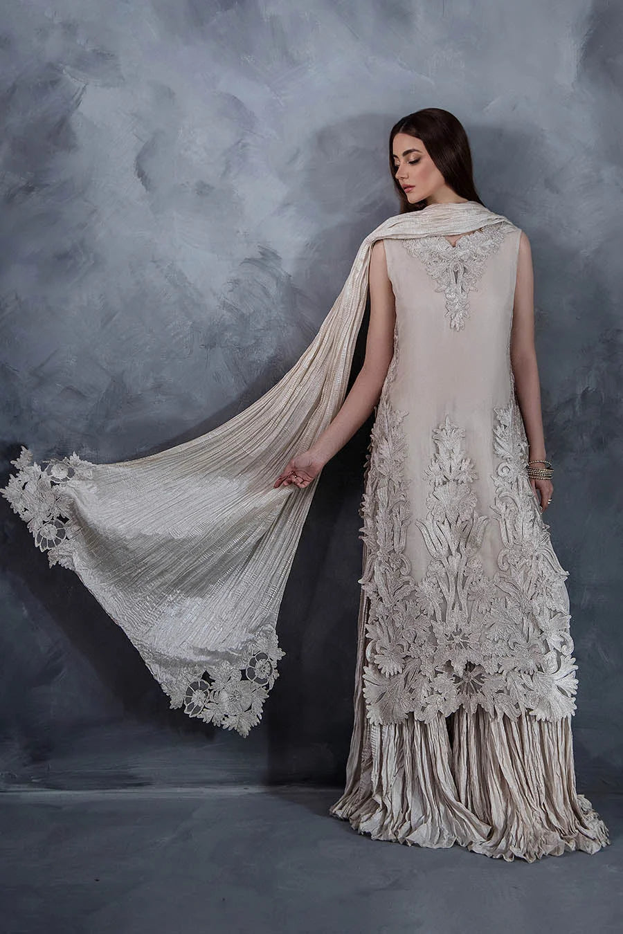 Hand Embroidered Light Grey Crushed Sharara
