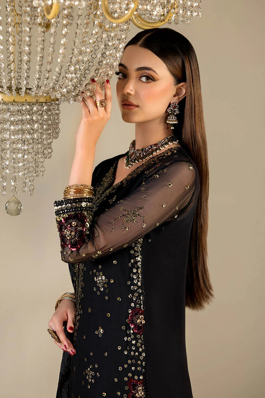 Hand Embroidered Black Crinkle Chiffon Designer Suit