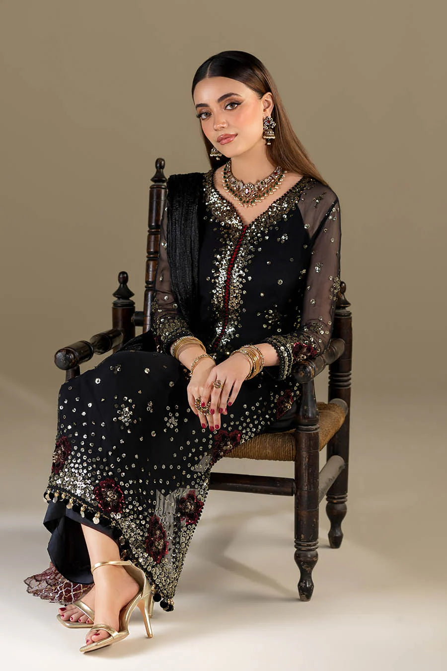 Hand Embroidered Black Crinkle Chiffon Designer Suit