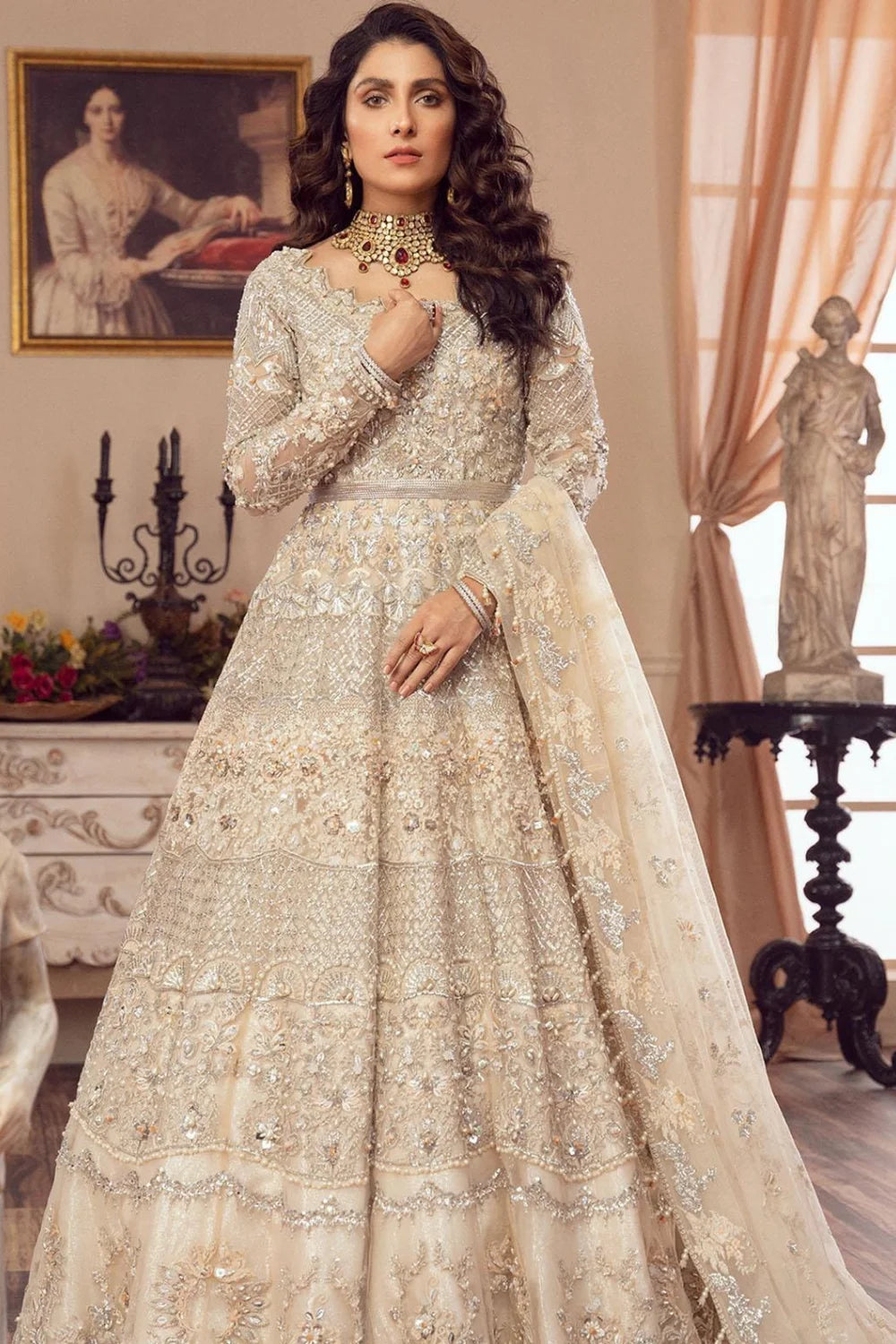 Skin Beige Handmade Bridal Lehenga Choli / Anarkali Maxi
