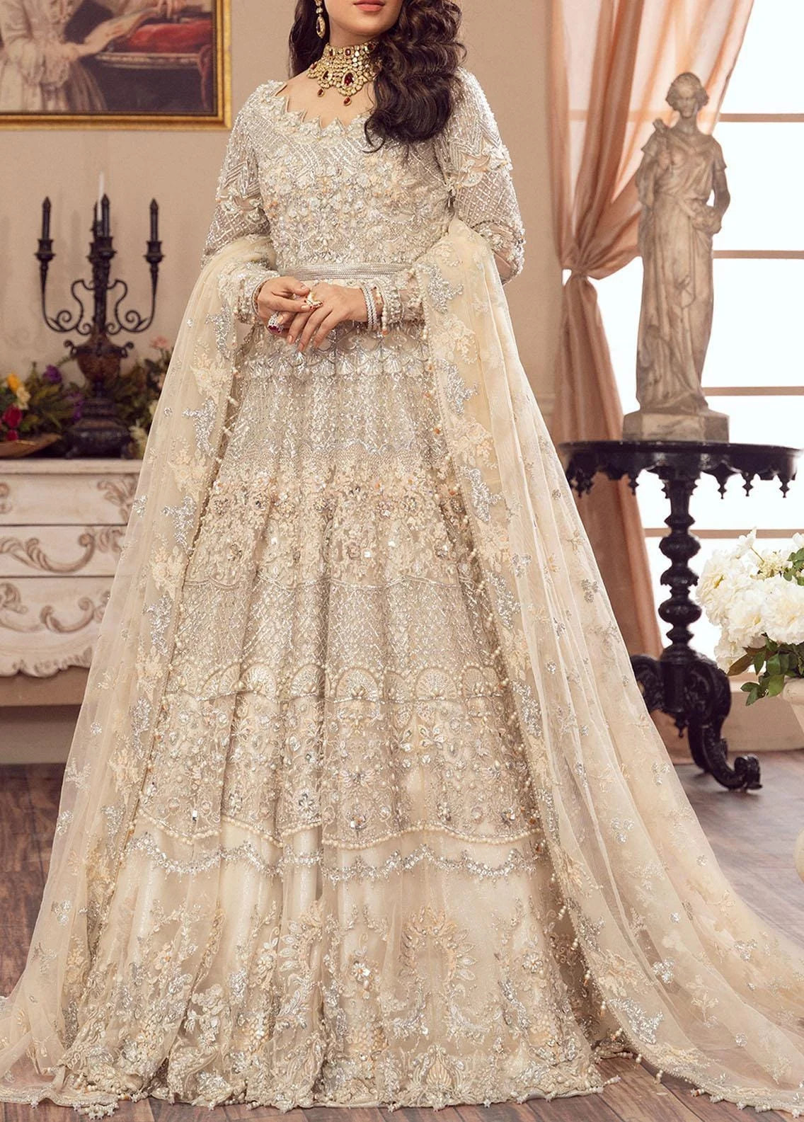 Skin Beige Handmade Bridal Lehenga Choli / Anarkali Maxi