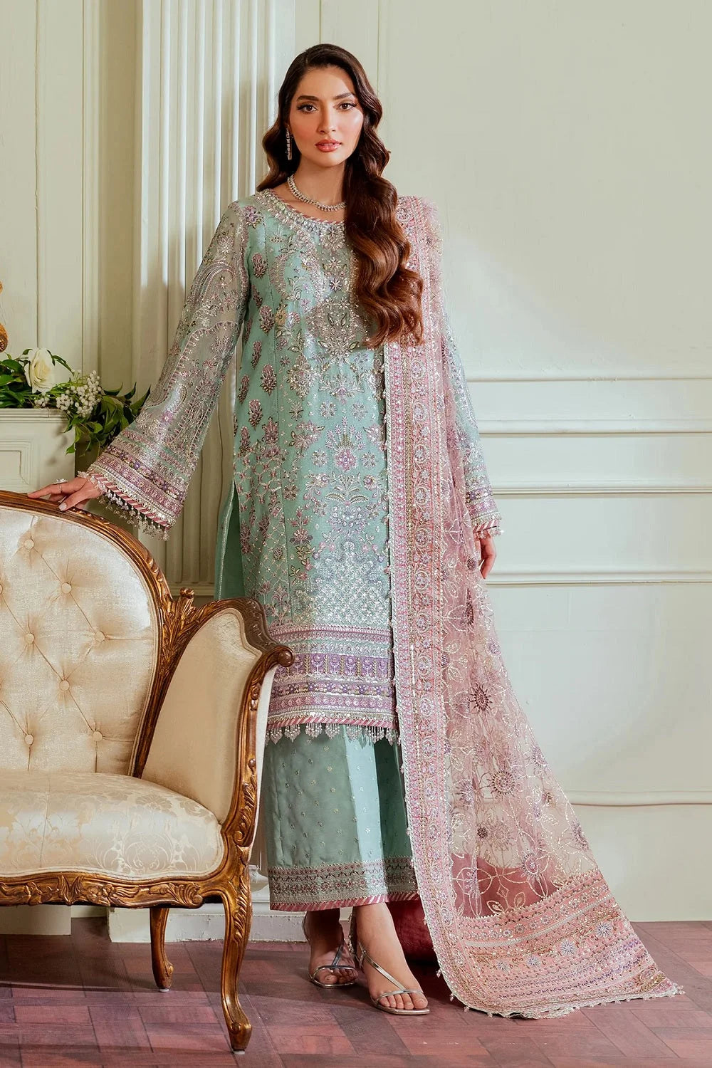 Sea Green Embroidered & Handmade Chiffon Partywear Suit