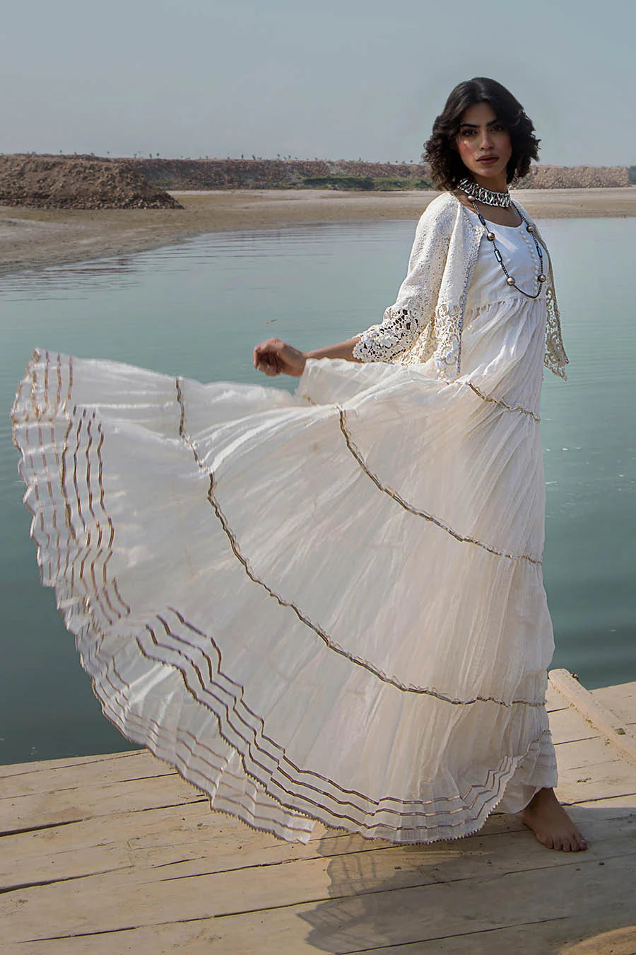 White Crocheted Maxi with 3D & Gota Work