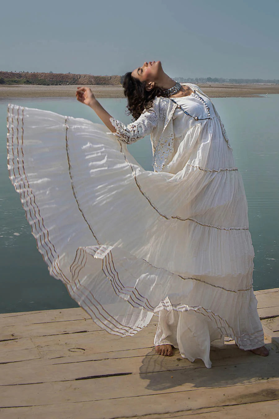 White Crocheted Maxi with 3D & Gota Work