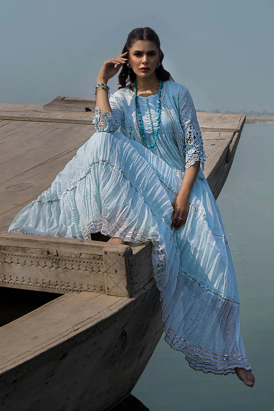 Sky Blue Crocheted Maxi with 3D & Gota Work