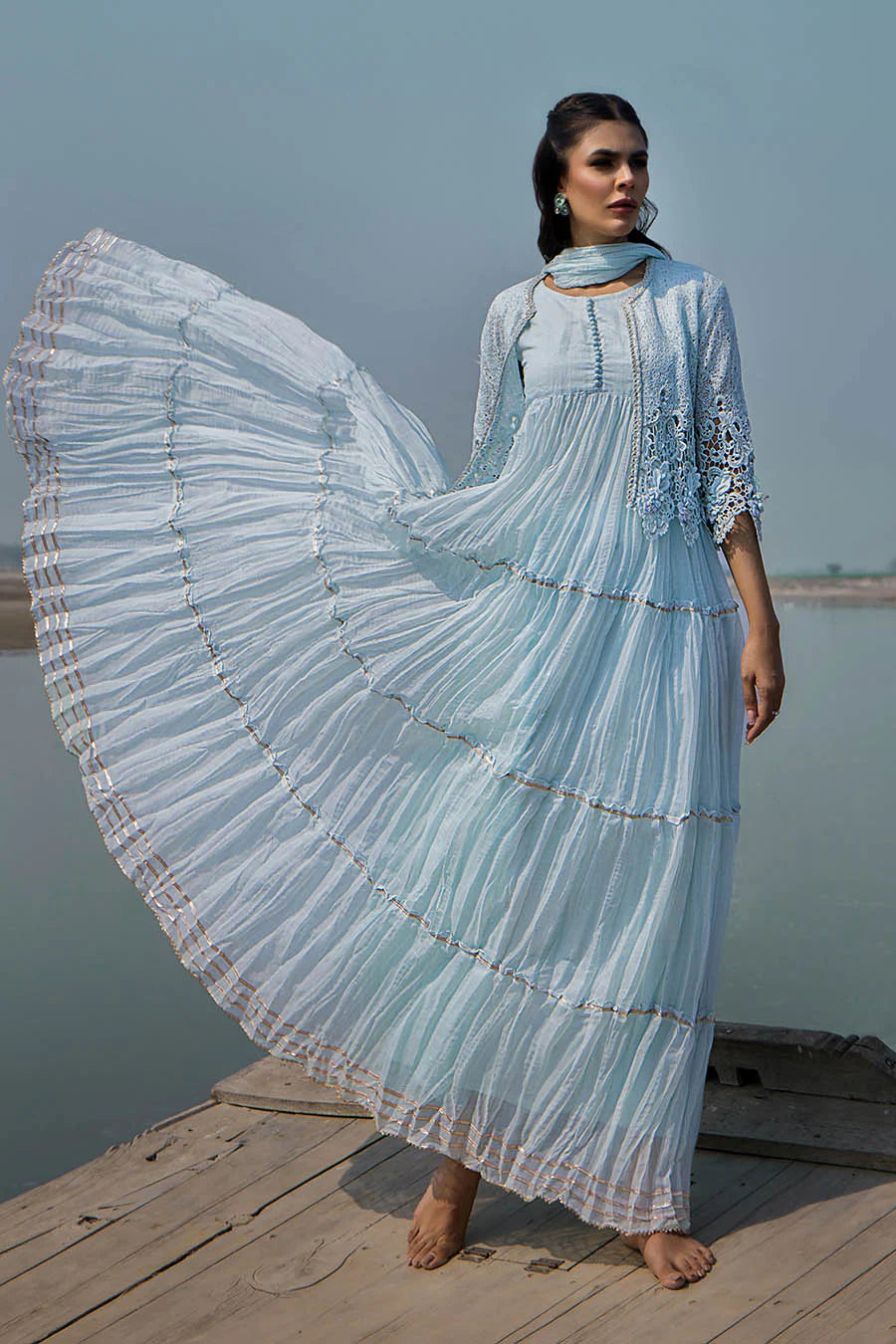 Sky Blue Crocheted Maxi with 3D & Gota Work