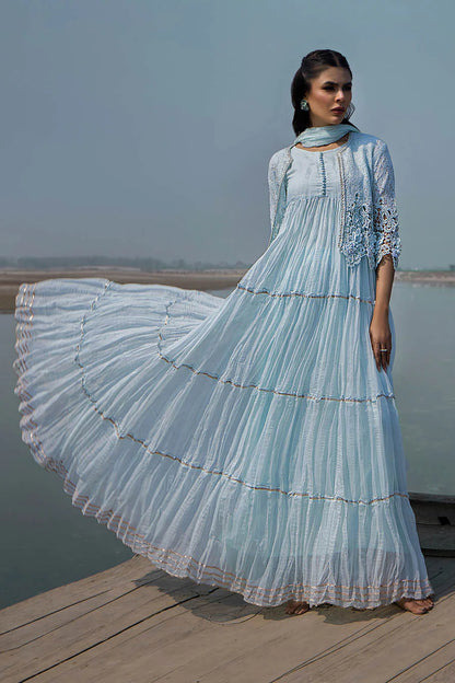 Sky Blue Crocheted Maxi with 3D & Gota Work