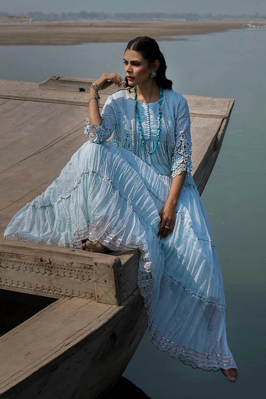 Sky Blue Crocheted Maxi with 3D & Gota Work