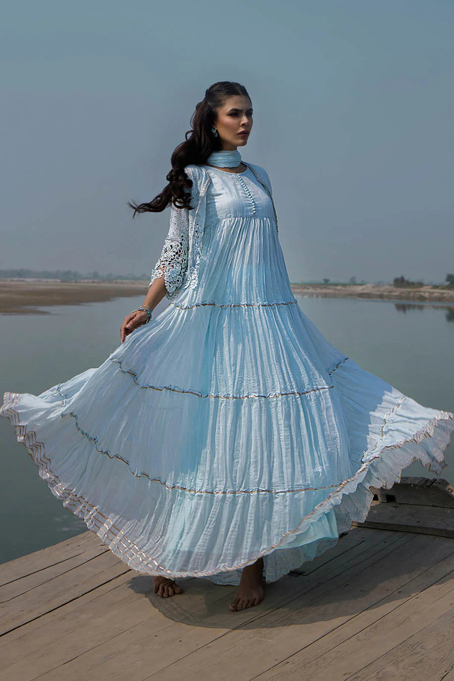 Sky Blue Crocheted Maxi with 3D & Gota Work