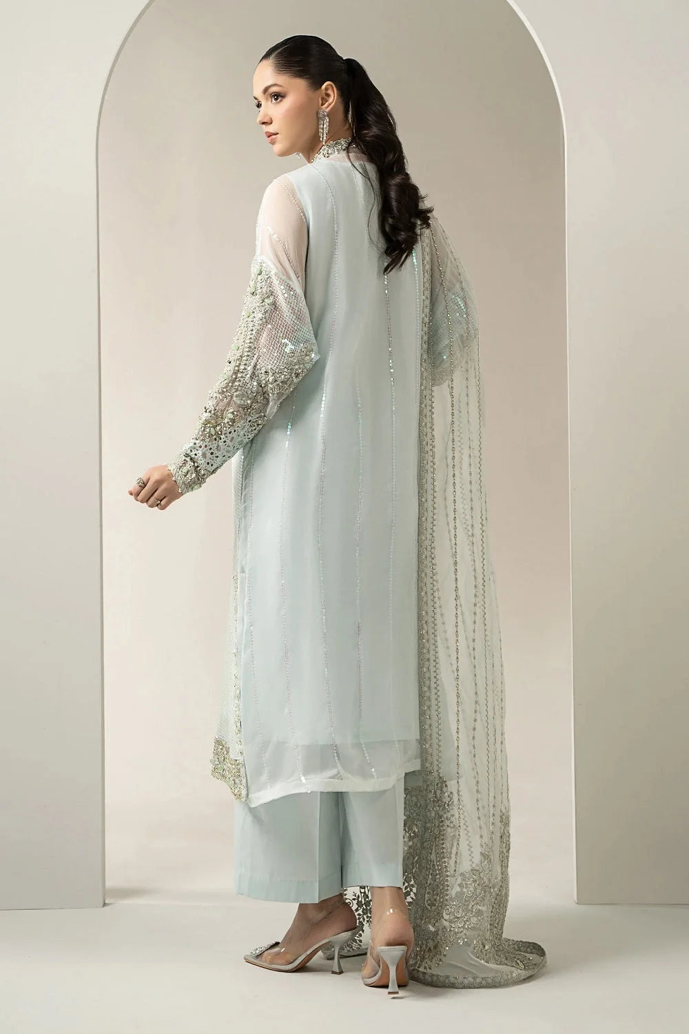 Ice Blue Handmade Pure Chiffon Bridal Suit
